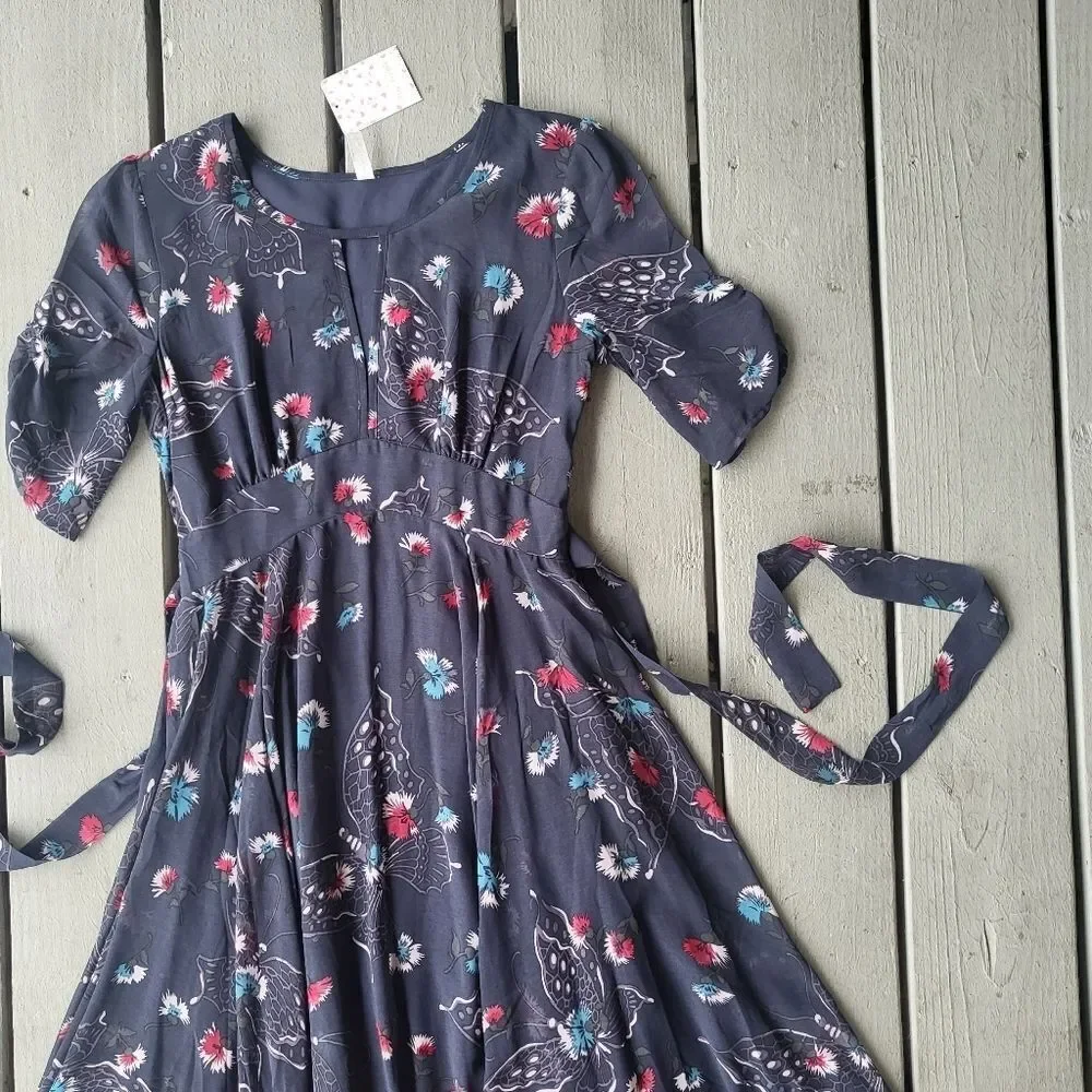 NWT Free People Blue Bonnie Butterfly Print Keyhole Chiffon Boho Midi Dress‎ 2